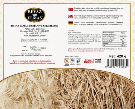 beyaz elmas açık tel pişmaniye 400 gr -  pancar şekerinden üretilmiştir - geleneksel türk pişmaniyesi - tel helva