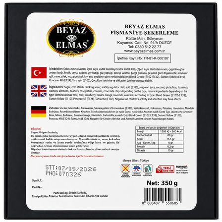 Beyaz Elmas Premium Lokum 350 Gr - Karışık Kuruyemişli Türk Lokumu - Fıstıklı Fındıklı Hediyelik Lokum