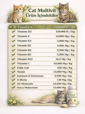 Kedi Multivitamin & Aminoasit Takviyesi – Yavru, Yetişkin, Hamile ve Yaşlı Kediler İçin 90 Tablet