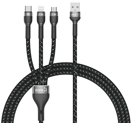 Siyah ​Shira Serisi 3 in 1 USB Kablo 150cm-Zore