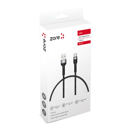 Siyah Shira Serisi Type-c Usb Kablo 30 cm-Zore