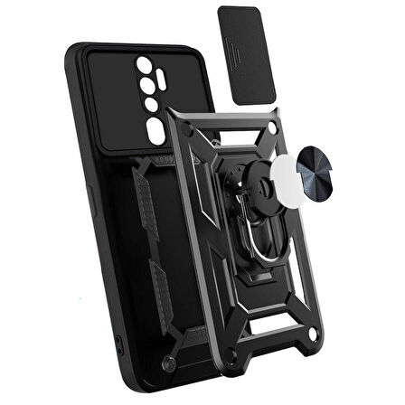 Oppo A9 2020 Kılıf Magnetik Standlı Kamera Korumalı Zore Sürgülü Vega Kapak-Mavi