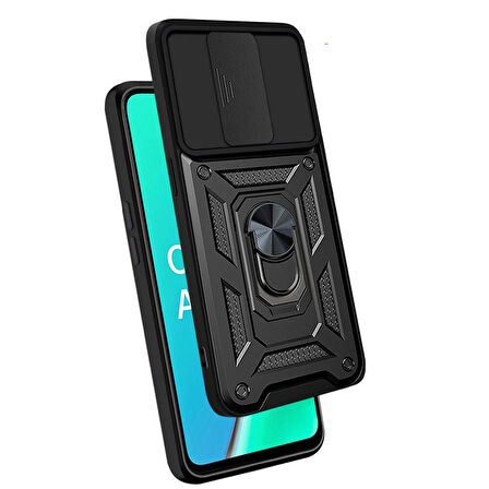 Oppo A9 2020 Kılıf Magnetik Standlı Kamera Korumalı Zore Sürgülü Vega Kapak-Mavi