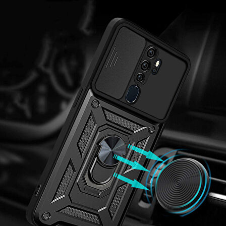 Oppo A9 2020 Kılıf Magnetik Standlı Kamera Korumalı Zore Sürgülü Vega Kapak-Mavi