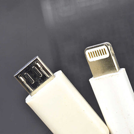 Beyaz Çiftli Lightning-Micro Kısa Usb Kablo-Zore