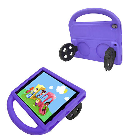 iPad 10.2 (9.Nesil)  Uyumlu ​ALT Wheel Car Tekerlek Standlı Tablet Eva Silikon Kılıf-Mor