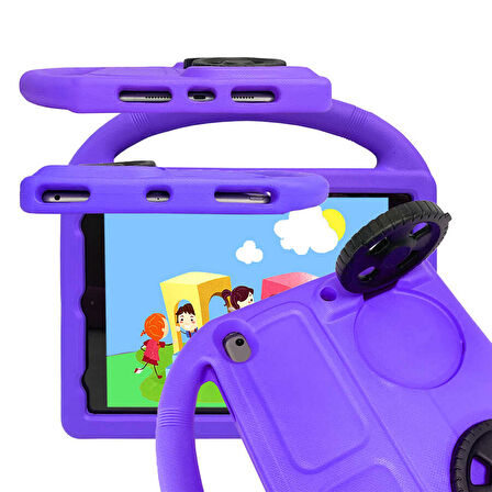 iPad 10.2 (9.Nesil)  Uyumlu ​FRMS Wheel Car Tekerlek Standlı Tablet Eva Silikon Kılıf-Mor