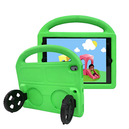 iPad 10.2 (9.Nesil)  Uyumlu ​ZYL Wheel Car Tekerlek Standlı Tablet Eva Silikon Kılıf-Yeşil