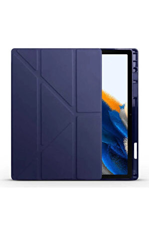 Galaxy Tab A8 10.5 Sm-x200 (2021) Kılıf Tri Folding Kalem Bölmeli Standlı Kılıf-mavi