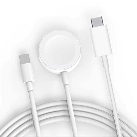 Beyaz Akıllı Saat Wireless To Lightning Type-C Şarj Kablosu 1.2m-Zore