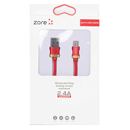 Kırmızı Poro Micro Usb Kablo 1M-Zore