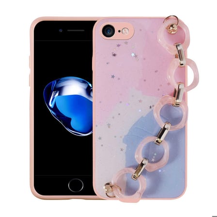 iPhone 8 Uyumlu Simli Desenli El Askılı Tutacaklı Zore Elsa Silikon Kapak-Pembe