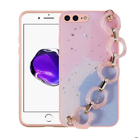 iPhone 8 Plus Uyumlu Simli Desenli El Askılı Tutacaklı Zore Elsa Silikon Kapak-Pembe