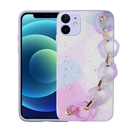 iPhone 11 Uyumlu Simli Desenli El Askılı Tutacaklı Zore Elsa Silikon Kılıf-Lila