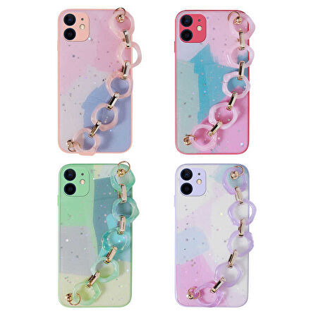 iPhone 11 Uyumlu Simli Desenli El Askılı Tutacaklı Zore Elsa Silikon Kılıf-Lila