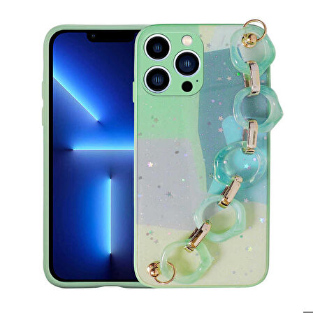 iPhone 12 Pro Max Uyumlu Simli Desenli El Askılı Tutacaklı Zore Elsa Silikon Kapak-Yeşil