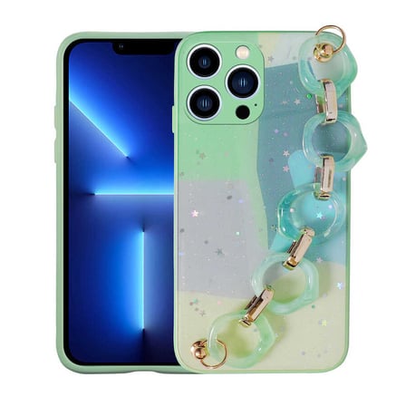 iPhone 12 Pro Max Uyumlu Simli Desenli El Askılı Tutacaklı MKST Elsa Silikon Kılıf-Yeşil