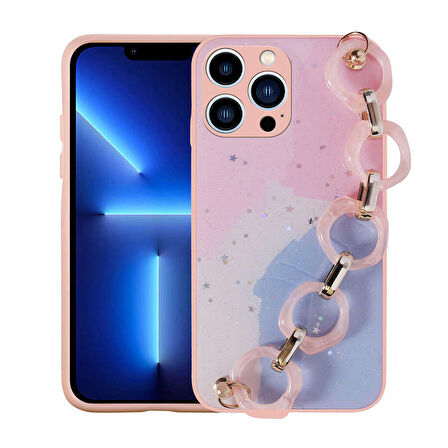 iPhone 12 Pro Max Uyumlu Simli Desenli El Askılı Tutacaklı Zore Elsa Silikon Kapak-Pembe