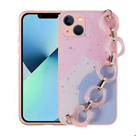 iPhone 13 Uyumlu Simli Desenli El Askılı Tutacaklı Zore Elsa Silikon Kapak-Pembe