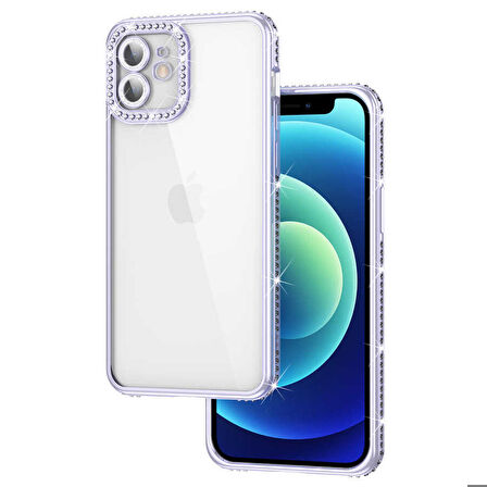 iPhone 12 Uyumlu Kamera Korumalı Taşlı Zore Mina Kapak-Lila