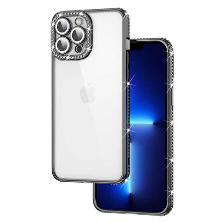 iPhone 12 Pro Uyumlu Kamera Korumalı Taşlı Zore Mina Kapak-Siyah