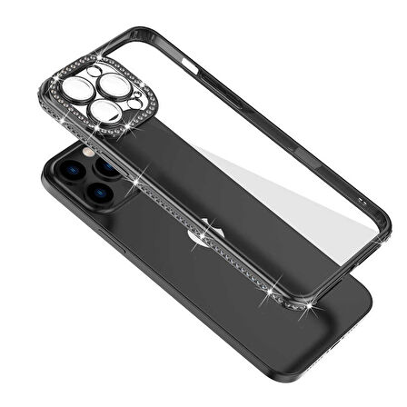 iPhone 12 Pro Uyumlu Kamera Korumalı Taşlı Zore Mina Kılıf-Gümüş