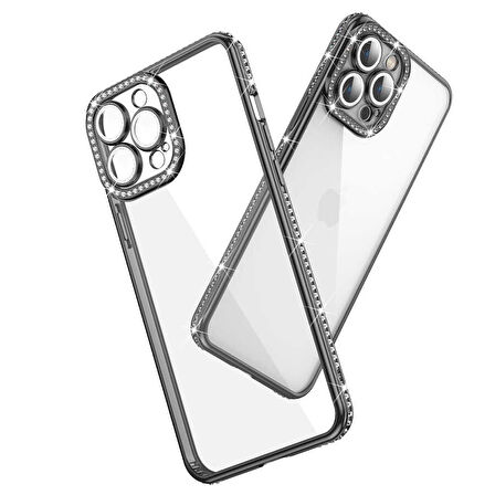 Apple iPhone 12 Pro Kılıf Kamera Korumalı Taşlı Zore Mina Kapak-Gümüş
