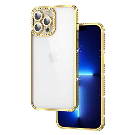 iPhone 12 Pro Uyumlu Kamera Korumalı Taşlı Zore Mina Kılıf-Gold