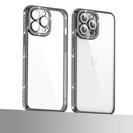 Apple iPhone 12 Pro Kılıf Kamera Korumalı Taşlı Zore Mina Kapak-Rose Gold