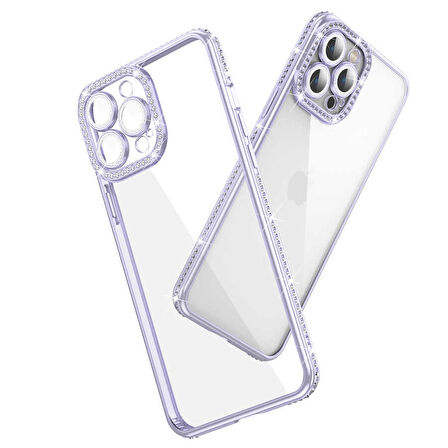 iPhone 12 Pro Max Uyumlu Kamera Korumalı Taşlı Zore Mina Kapak-Mavi