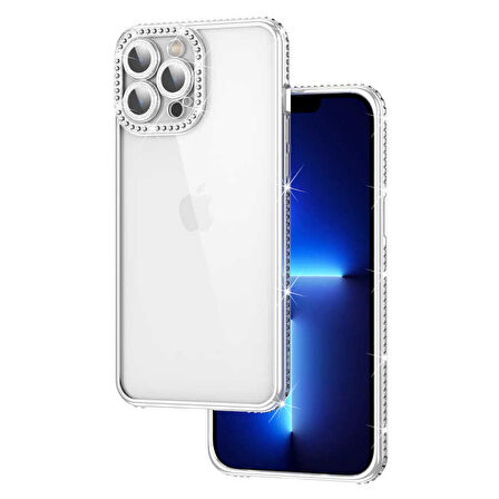 iPhone 12 Pro Max Uyumlu Kamera Korumalı Taşlı Zore Mina Kapak-Gümüş