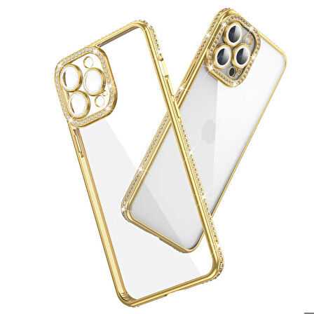 iPhone 13 Pro Uyumlu Kamera Korumalı Taşlı Zore Mina Kapak-Lila