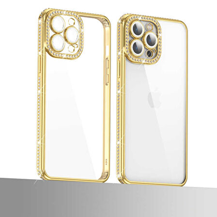 iPhone 13 Pro Uyumlu Kamera Korumalı Taşlı Zore Mina Kapak-Lila