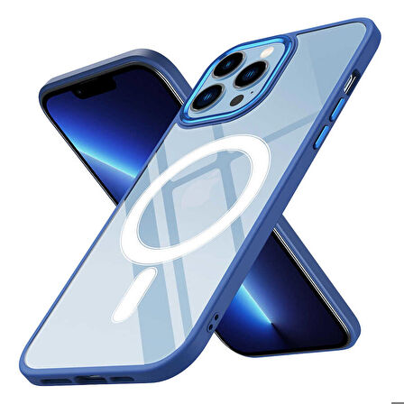 iPhone 12 Pro Uyumlu Wireless Şarj Özellikli Zore Krom Magsafe Silikon Kapak-Lacivert