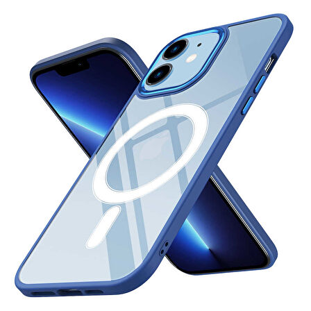 iPhone 12 Uyumlu Wireless Şarj Özellikli Zore Krom Magsafe Silikon Kılıf-Lacivert