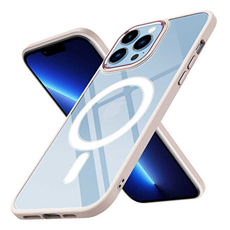 iPhone 13 Pro Uyumlu Wireless Şarj Özellikli Zore Krom Magsafe Silikon Kılıf-Pembe Açık