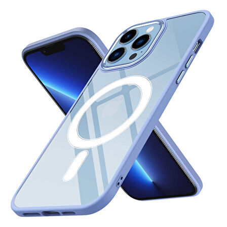 iPhone 13 Pro Uyumlu Wireless Şarj Özellikli Zore Krom Magsafe Silikon Kılıf-Lila