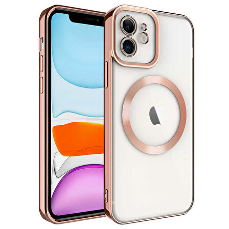 iPhone 11 Uyumlu Magsafe Wireless Şarj Özellikli Zore Setro Silikon-Rose Gold