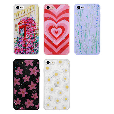 iPhone 8 Uyumlu Simli Desenli Kamera Korumalı Parlak Zore Popy Kapak-Çiçek