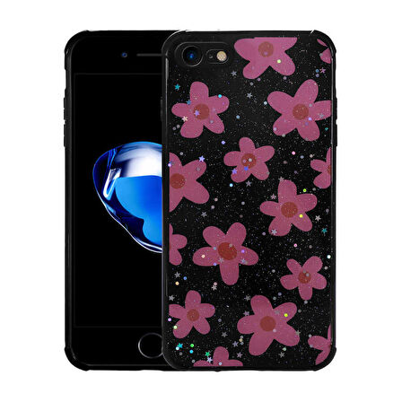 iPhone 7 Uyumlu Simli Desenli Kamera Korumalı Parlak Zore Popy Kapak-Çiçek