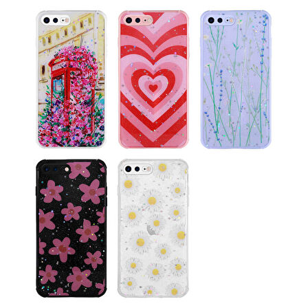 Apple iPhone 7 Plus Kılıf Simli Desenli Kamera Korumalı Parlak Zore Popy Kapak-Çiçek