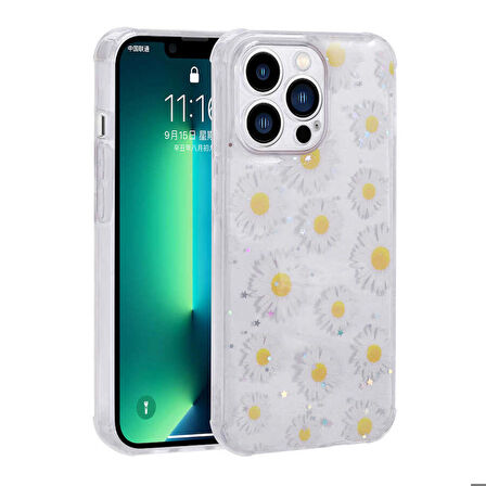 iPhone 12 Pro Uyumlu Simli Desenli Kamera Korumalı Parlak Zore Popy Kapak-Papatya