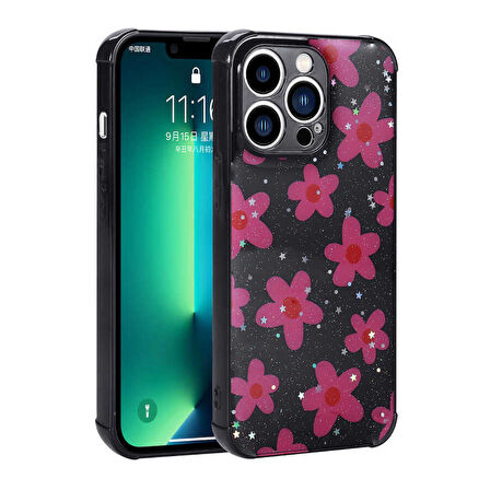 iPhone 12 Pro Max Uyumlu Simli Desenli Kamera Korumalı Parlak Zore Popy Kapak-Çiçek