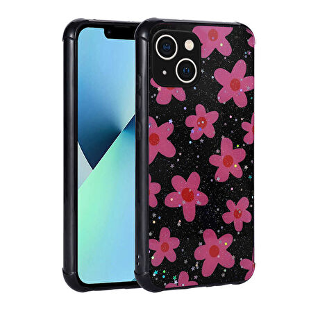 iPhone 13 Uyumlu Simli Desenli Kamera Korumalı Parlak Zore Popy Kapak-Çiçek