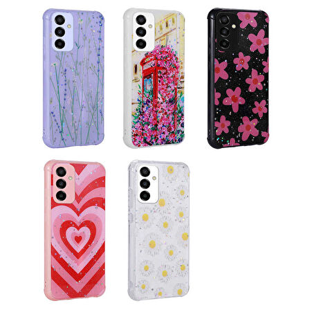Galaxy M23 Uyumlu Simli Desenli Kamera Korumalı Parlak Zore Popy Kapak-Çiçek