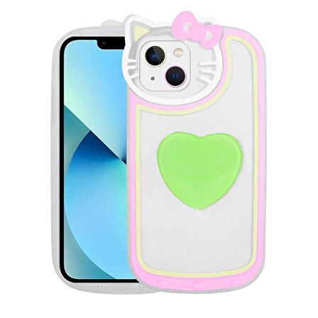 iPhone 13 Uyumlu Kedi Figürlü Transparan Pop Soketli Zore Ritmik Kılıf-Yeşil