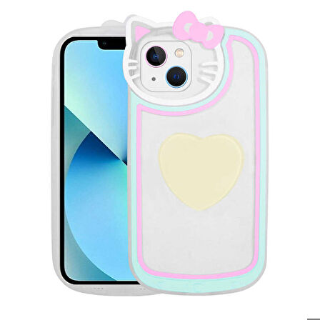 iPhone 13 Uyumlu Kedi Figürlü Transparan Pop Soketli Zore Ritmik Kapak-Beyaz