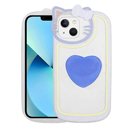 iPhone 13 Uyumlu Kedi Figürlü Transparan Pop Soketli Zore Ritmik Kılıf-Mavi