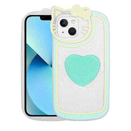 iPhone 13 Uyumlu Kedi Figürlü Transparan Pop Soketli Zore Ritmik Kılıf-Turkuaz