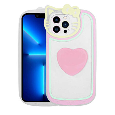 iPhone 13 Pro Uyumlu Kedi Figürlü Transparan Pop Soketli Zore Ritmik Kılıf-Pembe